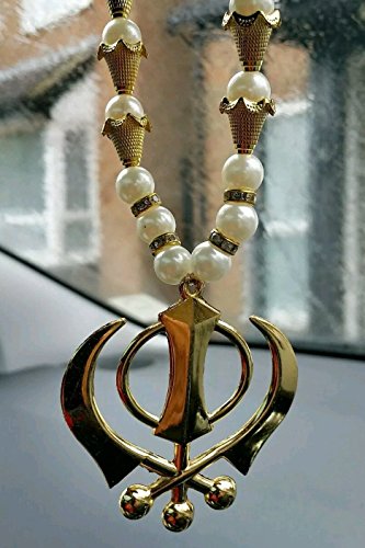 Onlinesikhstore ltd Gold Plated Sikh khanda Pendant for Car rear Mirror hanging in stretchable pearls mala