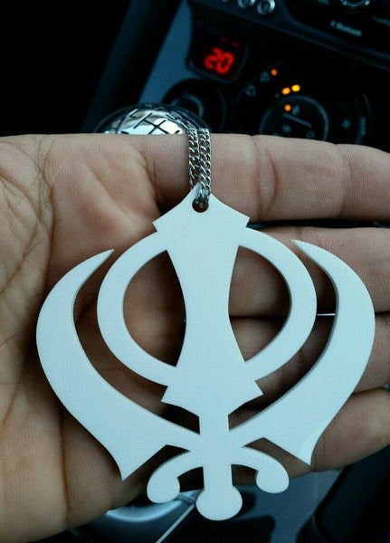 Small White Acrylic Khanda Punjabi Sikh Pendant Car Rear Mirror Hanging in Chain