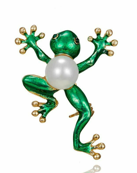 Stunning Gold Plated Vintage Look Pearl back Frog Christmas Brooch Cake PIN C14