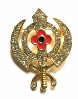 Stunning Diamonte Gold Plated SIKH KhandaPoppy Khalsa Singh Kaur Brooch Pin Gift