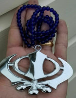 Silver plated wide khanda punjabi sikh singh pendant car rear mirror blue mala s