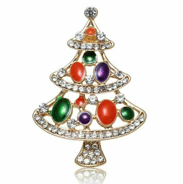 Vintage look stunning diamonte gold plated christmas tree brooch cake pin b49e