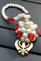 Gold plated punjabi sikh small khanda stunning pendant car rear mirror beads red