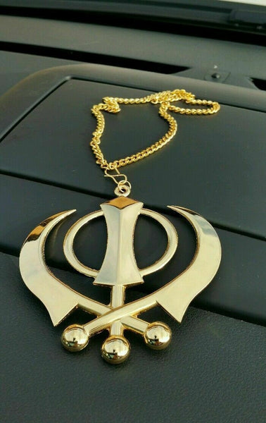 Gold plated punjabi sikh xl khanda no stones stunning pendant car rear mirror