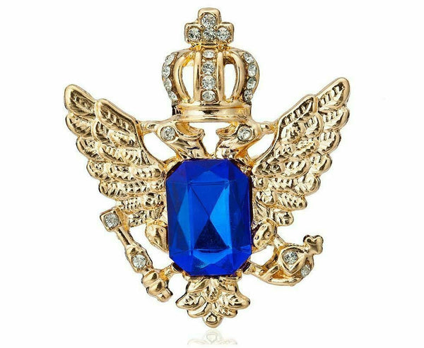 Stunning vintage look gold plated crown blue stone king design brooch broach b34