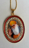 Gold plated stunning sikh singh guru nanak photo large pendant car red os106b