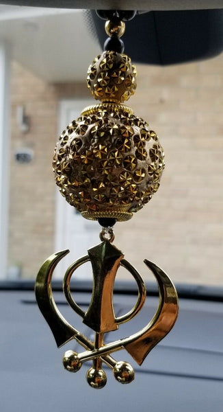 Gold plated khanda punjabi kaur sikh singh pendant car rear mirror hanger mala s