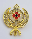 Stunning diamonte gold plated sikh khandapoppy khalsa singh kaur brooch pin gift