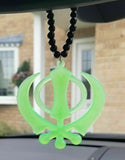 Acrylic green punjabi sikh large khanda stunning pendant car rear mirror black