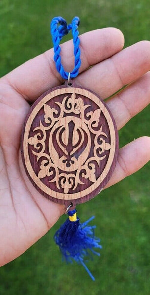 Punjabi sikh wooden khanda stunning pendant evil protection car hanger brown qqc