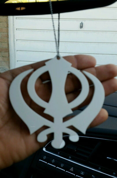 Large white acrylic khanda punjabi sikh pendant car rear mirror hanging in chain