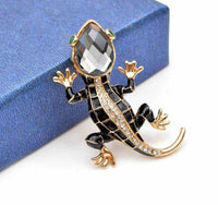 Vintage look gold plated black lizard brooch suit coat gecko broach pin collar g