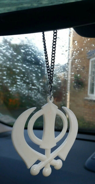 Large white acrylic khanda punjabi sikh pendant car rear mirror hanging chain