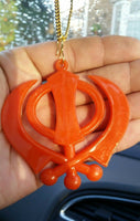 Large orange acrylic khanda punjabi sikh pendant car rear mirror hanging chain