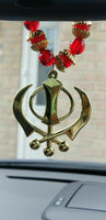 Gold plated punjabi sikh large khanda stunning pendant red beads car rear mirror