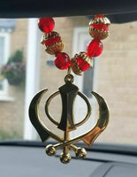 Gold plated punjabi sikh large khanda stunning pendant red beads car rear mirror