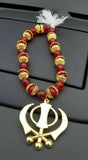 Gold plated punjabi sikh large khanda stunning pendant red beads car rear mirror