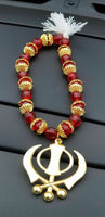 Gold plated punjabi sikh large khanda stunning pendant red beads car rear mirror