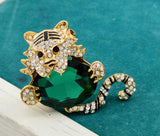 Stunning tiger brooch vintage look broach diamonte gold silver plated pin jjj59