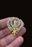 Khanda brooch gold plated stunning diamonte sikh king pin singh kaur broach k59