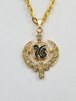 Unisex stunning rhinestones gold plated punjabi sikh ek onkar khanda pendant gg