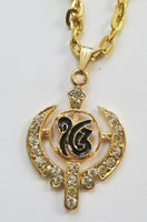 Unisex stunning rhinestones gold plated punjabi sikh ek onkar khanda pendant gg