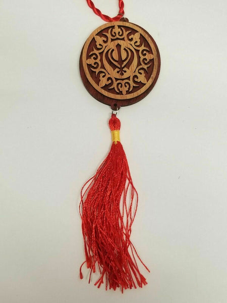 Punjabi sikh wooden khanda stunning pendant evil protection car hanger red qqb