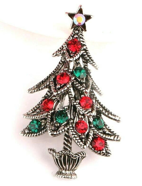 Vintage look stunning diamonte silver plated christmas tree brooch cake pin b48y