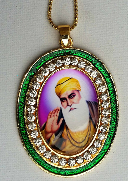 Gold plated stunning sikh singh guru nanak photo large pendant car green os106c