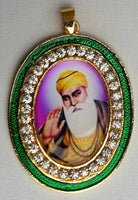 Gold plated stunning sikh singh guru nanak photo large pendant car green os106c