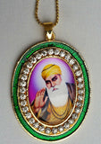 Gold plated stunning sikh singh guru nanak photo large pendant car green os106c