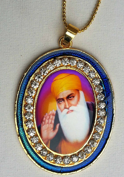 Gold plated stunning sikh singh guru nanak photo large pendant car blue os106a