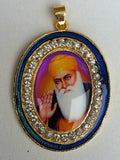 Gold plated stunning sikh singh guru nanak photo large pendant car blue os106a