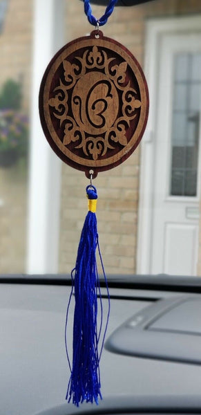 Punjabi sikh wooden ek onkar stunning pendant for car rear mirror blue tassel qq