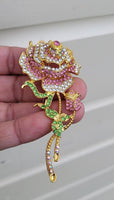 Pink rose brooch lucky vintage look gold plated celebrity broach queen pin s4