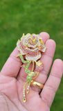 Pink rose brooch lucky vintage look gold plated celebrity broach queen pin s4