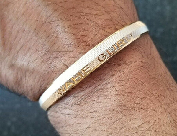 Two tone silver gold plated waheguru engraved sikh singh khalsa kara bangle t2