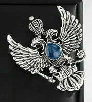 Vintage look silver plated double eagle design blue brooch broach crown pin b41