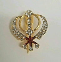 Stunning diamonte gold plated sikh singh kaur khalsa khanda brooch pin gift ggg1