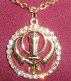 Unisex gold or stainless steel stunning rhinestones sikh khanda pendant necklace