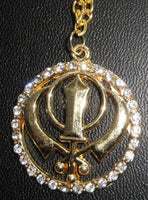 Unisex gold or stainless steel stunning rhinestones sikh khanda pendant necklace