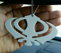 Wide white acrylic khanda punjabi sikh pendant car rear mirror hanging chain SS9