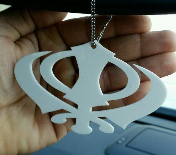 Wide white acrylic khanda punjabi sikh pendant car rear mirror hanging chain SS9