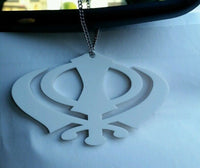 Wide white acrylic khanda punjabi sikh pendant car rear mirror hanging chain SS9