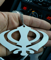 Wide white acrylic khanda punjabi sikh pendant car rear mirror hanging chain SS9