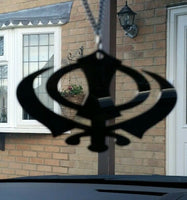 Wide black acrylic khanda punjabi sikh pendant car rear mirror hanging in chain