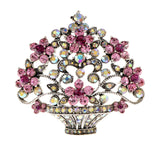 Flower basket brooch vintage look stunning diamonte silver plated broach pin j58