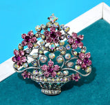 Flower basket brooch vintage look stunning diamonte silver plated broach pin j58