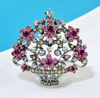 Flower basket brooch vintage look stunning diamonte silver plated broach pin j58