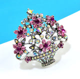 Flower basket brooch vintage look stunning diamonte silver plated broach pin j58